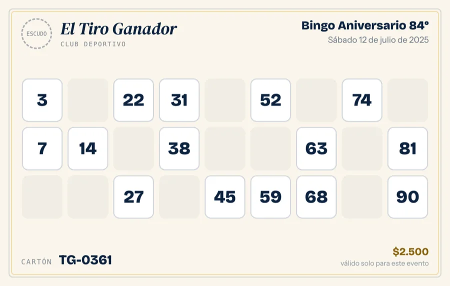 Cartón de bingo listo para imprimir, con membrete de la institución y grilla 9×3